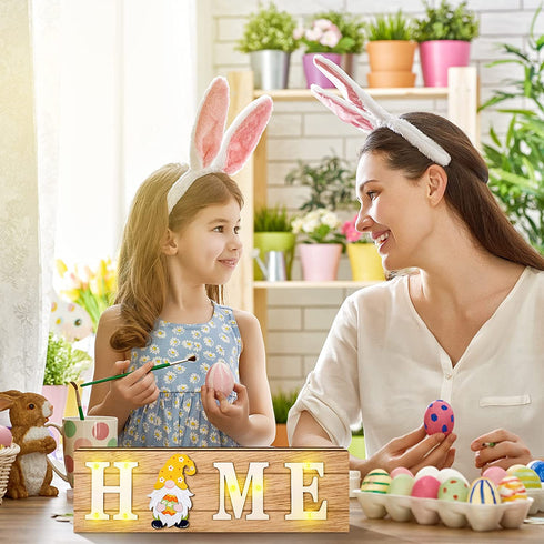 Gnome Home Sign Interchangeable Easter Gnome Wooden Signs Rustic Home Sign with 8 Seasonal Gnome Magnet Wooden Home Sign with 8 LED Lights for Home Easter Party Holiday DIY Decor