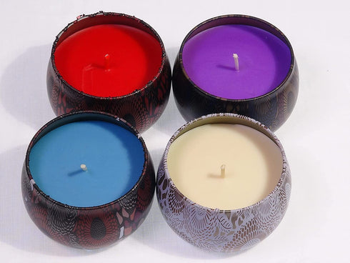 Scented Candle Gifts Set for Women & Mom Birthday. Luxury 4x4.4oz Decorative Travel Tin Can. Luxury Natural Soy Wax with Essential Oils Rose Jasmine Lavender Ocean Fragrances for Home Yoga