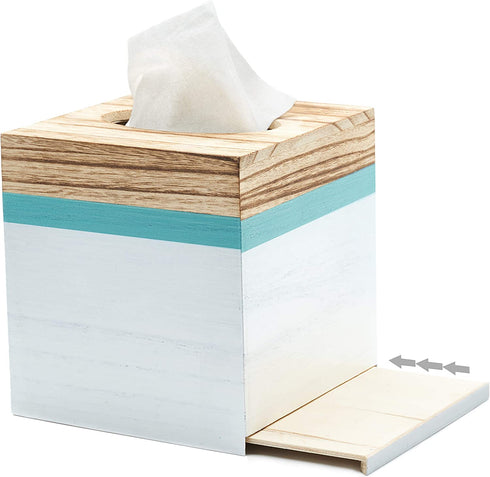 Modern Square Wooden Tissue Box Cover Holder for Bathroom Vanity Countertops, Bedroom Dressers, Night Stands, Desks and Tables, Rustic Farmhouse - White and Sea Mist Green