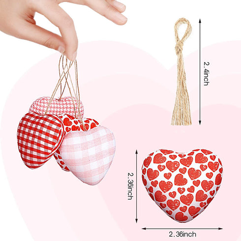 12 Pieces Valentine's Day Buffalo Check Fabric Ornament Valentine's Day Hanging Bauble Ornament Heart-Shaped Ornaments Baubles Decoration for Valentine's Day Wedding Party, 4 Styles
