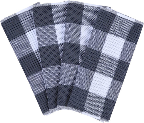 Homaxy 100% Cotton Waffle Weave Check Plaid Kitchen Towels, 13 x 28 Inches, Super Soft and Absorbent Dish Towels for Drying Dishes, 4-Pack, White & Dark Grey