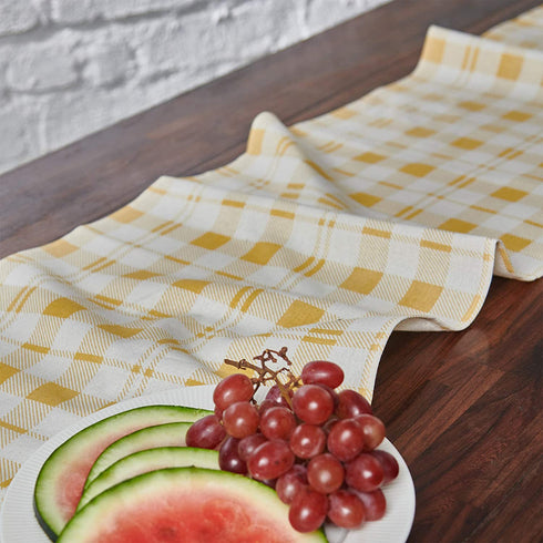 Folkulture Gingham Table Runner with Tassels for Home Dining Table, Farmhouse Style D©cor or Kitchen, 100% Cotton Linen Yellow Sand Boho Table Runner, 14 x 108 inch Long