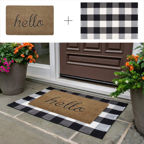 Welcome Doormat, Hello Mat Outdoor Rug + Buffalo Plaid Layered Rug, Entryway Indoor Outdoors Mats Hello Brown¦