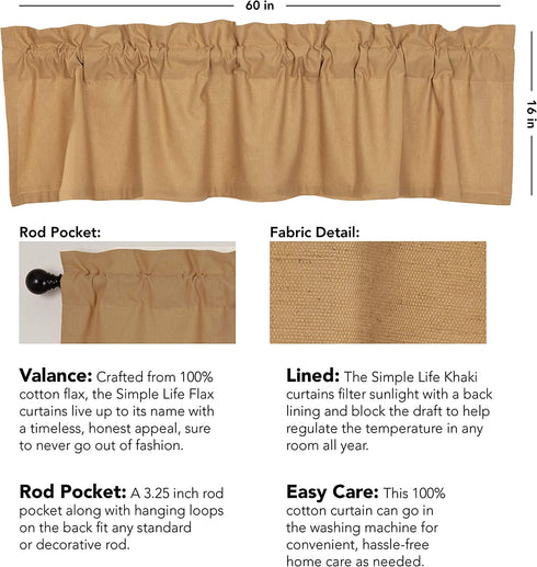 VHC Brands Simple Life Flax Solid Color Cotton Linen Blend Farmhouse Kitchen Curtains Rod Pocket Hanging Loops 16x60 Valance, Khaki Tan