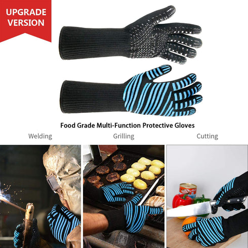 932„‰ Extreme Heat Resistant BBQ Gloves, Food Grade Kitchen Oven Mitts - Flexible Oven Gloves, Silicone Non-slip Cooking Hot Glove for Grilling, Baking (Blue, Palm Width 3.8 in)