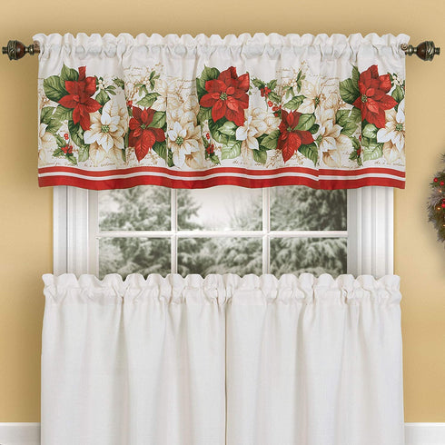 Red and White Poinsettia Elegant Holiday Christmas Kitchen/Caf© and Bath Tiers and Valance, 3 Piece Set