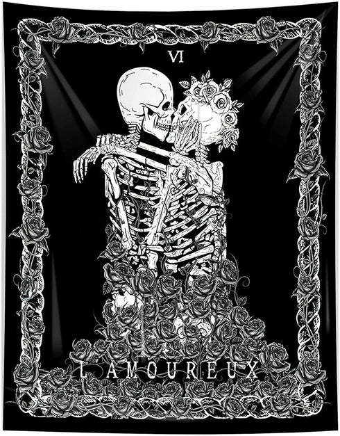 Skeleton Wall Tapestry for Bedroom,Black Skull Kissing Lovers Tapestry Wall Hanging,Romantic Tarot Tapestry for Room, Living Room Dorm Decoration?82.7" x 59.1"