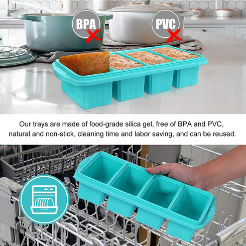 Large Ice Cube Freezing Tray Non-stick Soup, Silicone Freezing Tray with Lid, Multifunction Freezer Container with 4 Compartments for Storing and Freezing Soups, Broths, Sauces and Liquid Diets Wait