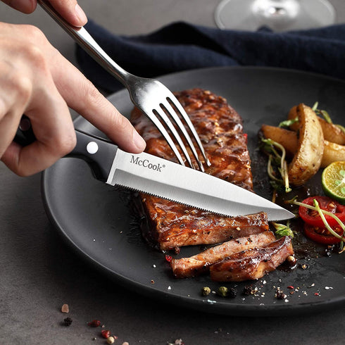 McCook MC55 Steak Knives - 8 Pieces Full Tang Serrated Stainless Steel Steak Knife Set, Black