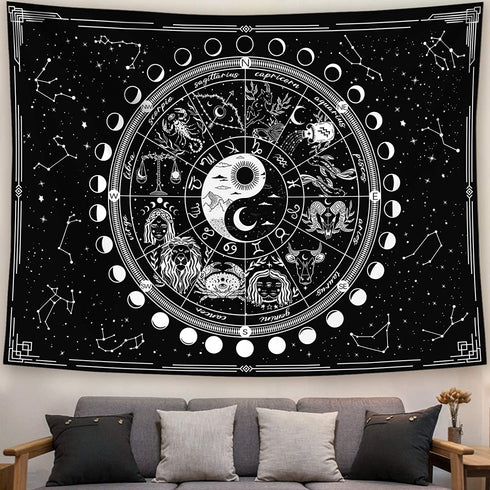 Kanuyee Twelve Constellation Tapestry,Black and White ?Sun and Moon ?Yin and Yang Tapestry Mystic Wall Hanging Tapestry for Home Decor (60"x80")