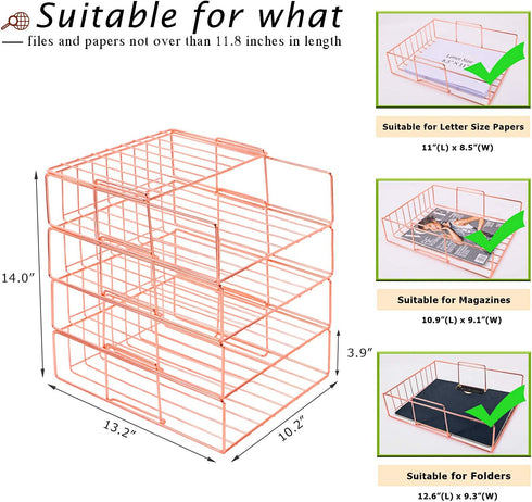 Hosaken Paper Tray, 4 Tier Stackable File Tray, Decorative Desk File Organizer Rack for Office Supplies and Accessories, 0.16Inch Thick Frame Rose Gold