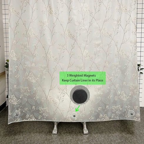 Waterproof Shower Curtain Lining?PEVA Translucent Leaf Plastic Shower Curtain?72 x 72 inches?with 3 Heavy Magnets?12 Stainless Metal Hooks?Shower Lining Suitable for Shower, Bathtub?LAIEBAI
