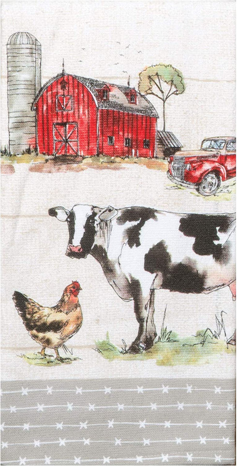Kay Dee Designs Country Life Dual Purpose Terry Towel & Appliqued Tea Towel Kitchen Dishtowel Set of Farm Animals & Big Red Barn for Cleaning, Drying, Polishing and Baking