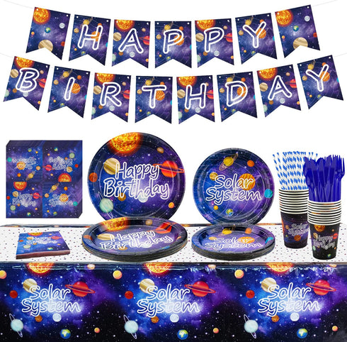 XJLANTTE Outer Space Party Supplies - Solar System Galaxy Planet Theme Happy Birthday Banner, Plates, Napkins, Cup, Straws, Knives, Fork, Spoon and Tablecloth for Boys Decorations, Serves 20 Guests