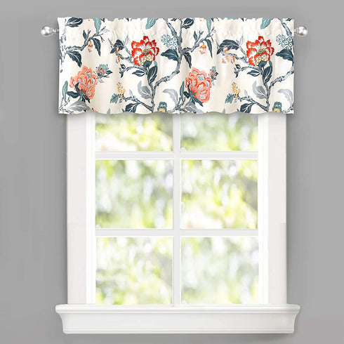 DriftAway Ada Botanical Print Lined Flower Leaf Thermal Insulated Window Valance Rod Pocket 52 Inch by 14 Inch Plus 1.75 Inch Header Ivory Orange Teal 1 Pack