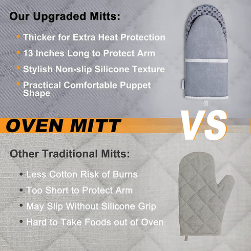 Oven Mitts and Pot Holders Set - 4pcs Long Cotton Puppet Oven Gloves & Hot Pads with Non-Slip Silicone Grip Heat Resistant 455 °F /235 °C for Kitchen Baking Cooking Grilling Machine Washable-Grey