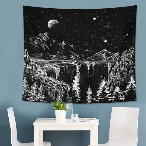 DESIHOM Starry Night Tapestry Mountain Tapestry Moon and Stars Tapestry Black and White Wall Tapestry for Bedroom Living Room Dorm Decor 70.9x92.5 Inch