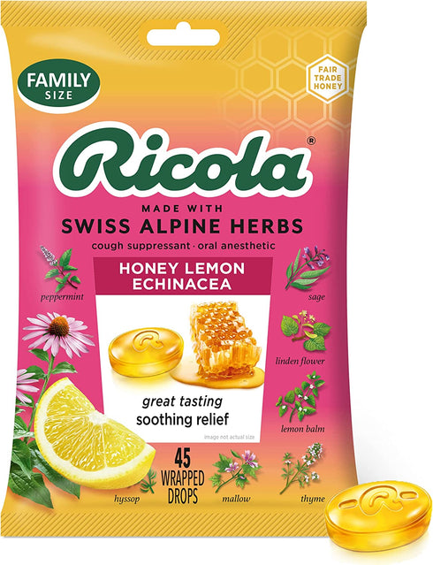 Ricola Cough Suppressant Throat Drops, Honey Lemon with Echinacea, 45 Drops, Fights Coughs Naturally, Soothes Sore Throats