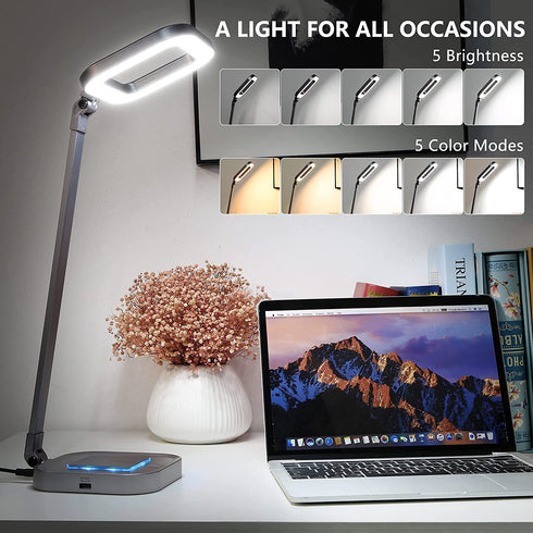 LED Desk Lamp, BBIQI Desk Lamp with 10W Wireless Charger, 5 Color Modes and 5 Brightness Levels Eye-Caring Table lamp with RGB Night Light, 72 Recessed LED Lamps with USB Charging Port for Home Office
