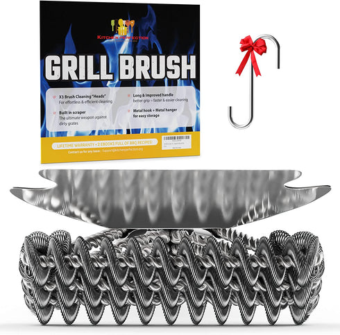 KP Grill Brush and Scraper Bristle Free 2 in 1 Safe Grill Cleaner Design No Bristles in Your Food BBQ Brush Smart Super Grip Handle & Bonus Metal Hanger Best Grill Cleaning Kit +3 eBooks
