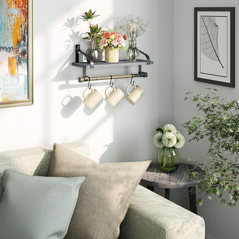 Love-KANKEI Wall Shelf for Storage Rustic Wood Kitchen Spice Rack with Towel Bar and 8 Removable Hooks for Organize Cooking Utensils or Mugs Floating Shelf Weathered Grey