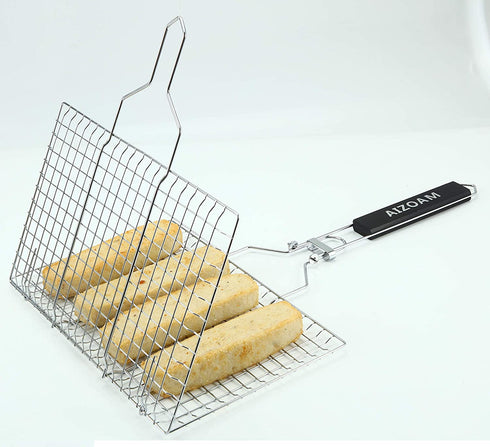 AIZOAM Portable Stainless Steel BBQ Barbecue Grilling Basket for Fish,Vegetables, Shrimp,and Small Flat Sea Food .Great Useful BBQ Tool.-Bonus Additional Sauce Brush and 50 Natural Bamboo Skewers €‘