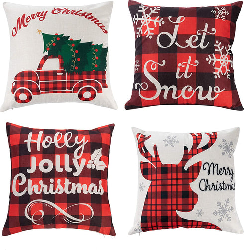 JOYIN Christmas Buffalo Plaid Pillow Covers with Rustic Farmhouse Design (4 Pack), 18x18 Inch Christmas Throw Pillow Case for Sofa, Couch, Bedroom or Patio Seat Christmas Winter Holiday Decoration