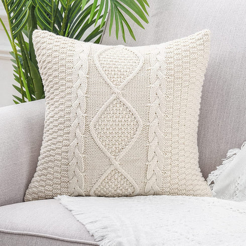 MANDIOO Cotton Knitted Beige Decorative Throw Pillow Covers Soft Cozy Outdoor Cushion Cases Luxury Modern Pillowcases for Couch Sofa Bed 18x18 Inches