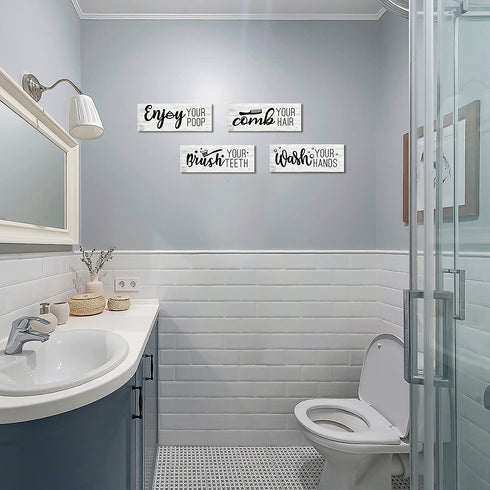 rabbitable 4 Pieces Farmhouse Bathroom Wall Decor,Wash Your Hands Brush Your Teeth Comb Your Hair ,Rustic Wooden Bathroom Wall Arts Decoration Bathroom Funny Sign