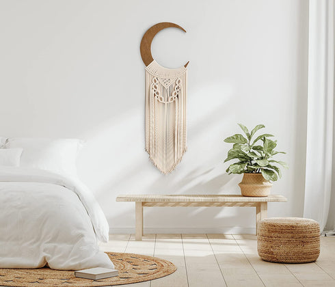 Wooden Crescent Moon Macrame Wall Hanging | Dream Catcher, Moon Tapestry | Boho Decor for Living Room | Boho Wall Decor, Indie Room Decor | Boho Chic Bedroom Décor