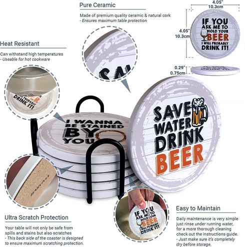 BARVIVO Funny Ceramic Coasters for Drinks Absorbent Set of 6 with Holder - Instantly Absorbing Condensation - Perfect Drink Coasters for Wooden Table Protection with Scratch Preventing Cork Bottom