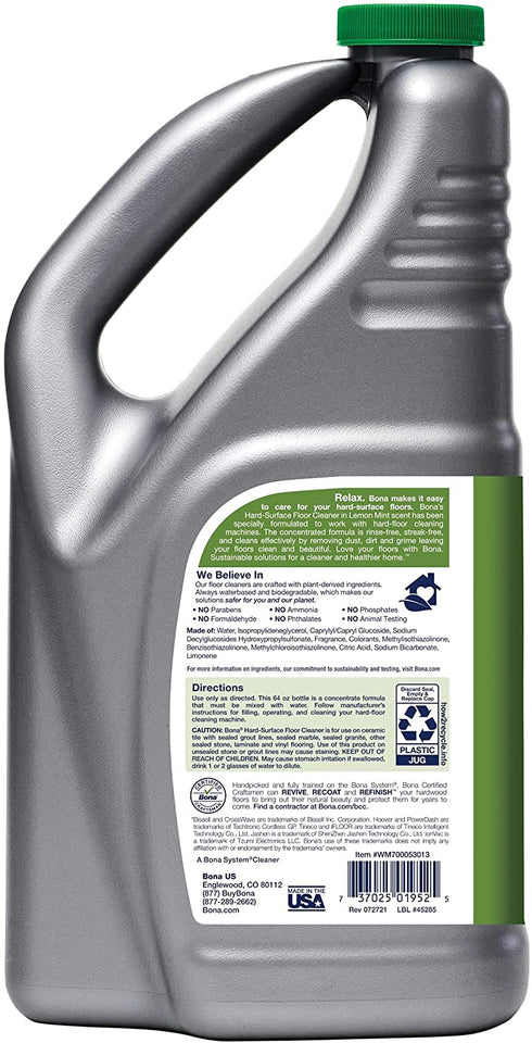 Bona Hard-Floor Cleaning Machine Formulation, Hard-Surface Floor Cleaner Concentrate Refill, for Stone Tile Laminate and Vinyl LVT/LVP, Lemon Mint Scent, 64 Fl Oz
