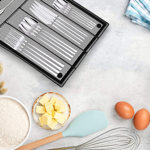 Cedilis Cutlery Tray, 5 Compartments Flatware Organizers, Metal Kitchen Utensil Drawer Silverware Tray, The Mesh Collection for Knives Spoons Forks with 4 Foam Feet, Black