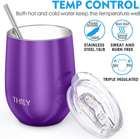 Stainless Steel Stemless Wine Tumbler - THILY 12 oz Vacuum Insulated Travel Wine Glasses Set with Sliding Lid, Metal Straw, House Warming Present, 2 Pack(Purple + Blue)
