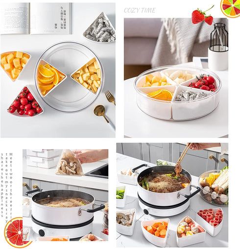 Round Plastic Divided Serving Tray with Lids, Snack fruit tray, 5 Compartment Round Food Storage Lunch Organizer, food storage lunch storage box, vegetarian candy snack party appetizer tray