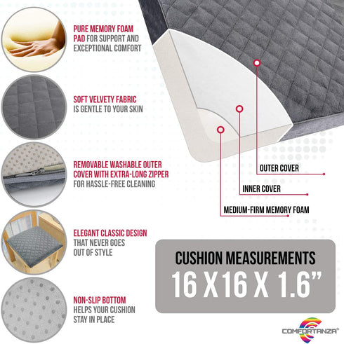 COMFORTANZA Chair Seat Cushion - 16x16x1.6 Memory Foam Square Thin Non-Slip Pads for Kitchen, Dining, Office Chairs and Car Seats - Comfort and Back Pain Relief - Medium Firm - Black