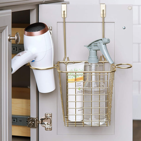 Spectrum Diversified Grid Blow Dryer, Styling Wand, Curling Iron Holder Over the Over the Cabinet Hair Care Accessories Organizer, Small Gold