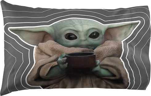Jay Franco Star Wars The Mandalorian Coffee 1 Pack Pillowcase - Double-Sided Kids Super Soft Bedding - Features The Child Baby Yoda Grogu (Official Star Wars Product)