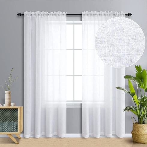 White Sheer Curtains 96 Inch Length for Living Room Extra Long Linen Wave Textured Soft Touch Rod Pocket Window Drapes 52x96 inches Long for Bedroom Closet Thick Opaque Faux Cotton Drapes