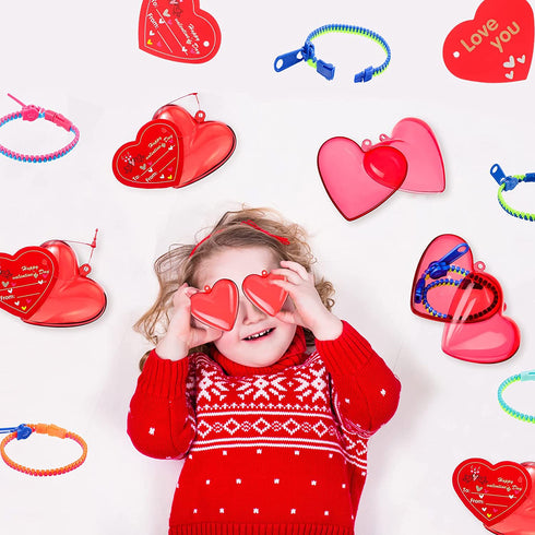 35 Pack Valentine Friendship Bracelet Zipper Sensory Bracelet Fidget Toys Valentines Day Pre Filled Hearts with Valentine Cards for Valentines, Birthday, Goodie Bags, Pinata Filler, Classroom Rewards