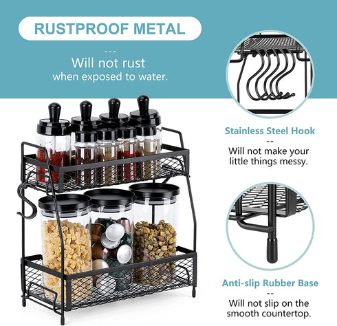 Homeweeks Spice Rack Kitchen Cabinet Organizer - 2 Tier Spice Organizer 5 Hooks Bathroom Organize Countertop Holder - Pantry Shelves Seasoning Storage Shelf Sink Rack for Kitchen (Black)