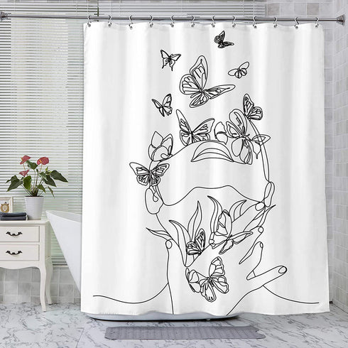 SVBright Women Flower Shower Curtain Abstract Line Ladies 60Wx72H Inch Butterfly Modern Minimalist Creative Female Sketch Aesthetic 12 Pack Hooks Polyester Waterproof Fabric Bathroom Bathtub Panels