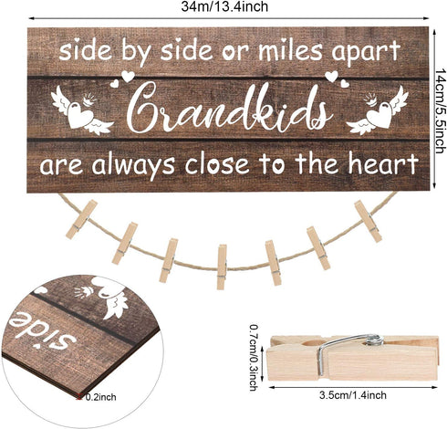 Jetec Grandkids Photo Holder Side by Side or Miles Apart Photo Frame Rustic Wooden Hanging Photo Display Board Grandmas Picture Frame with Clips and Twine for Living Room Bedroom Home Decor
