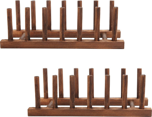 MyGift Brown Wood Dish Drying Rack, Kitchen Countertop Plate Display Holder with 6 Slots, Set of 2