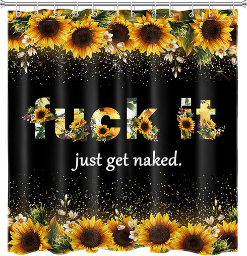 LB Rustic Sunflower Fuck It Get Naked Shower Curtain Decor, Modern Farmhouse Yellow Floral Funny Quotes Shower Curtains 72X72 inch Polyester Fabric Bathroom Decoration Bath Curtains Hooks Included