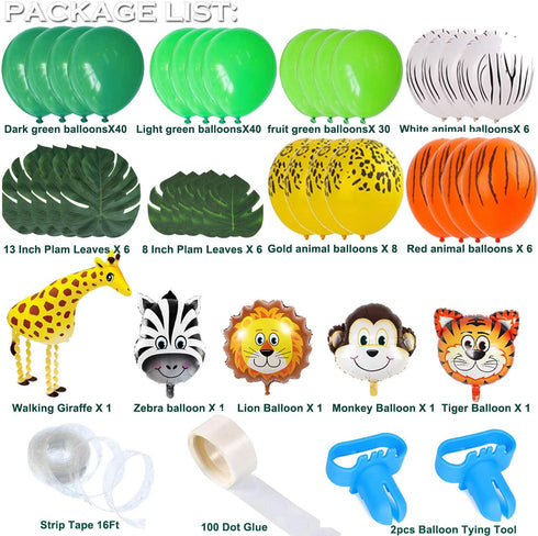 Jungle Safari Theme Party Balloon Garland Kit, 151 Pack With Animal Balloons and Palm Leaves for Kids Boys Birthday Party Baby Shower Decorations
