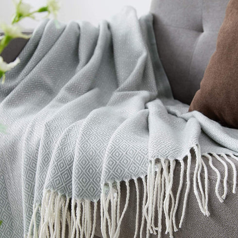 Bourina Decorative Diamond Lattice Faux Cashmere Fringe Throw Blanket Lightweight Soft Cozy for Bed or Sofa Farmhouse Outdoor Throw Blankets, 50" x 60",Light Blue