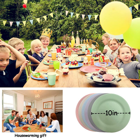Wheat Straw Plates Set of 6, Unbreakable Plate Set with 2 Loofah Dish Sponges, Lightweight Great for Party / Picnic / Camping / BBQ / Pizza, BPA-Free, Microwave-Safe (6 Colors, 10 inches)