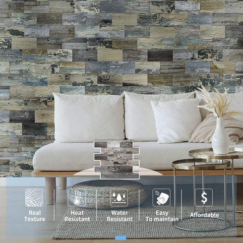 Art3d Peel and Stick Distressed Rustic Wood Panel 5-Pack of 13.5x11.4inches, for Kitchen Backsplash, Bathroom Decoration, Fireplace and Stair Riser Decal, Made of PVC Composite Laminate