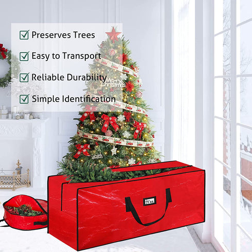 Christmas Tree Storage Bag Wreath Container - Heavy Duty Jumbo Large Waterproof Fits Up to 9ft Artificial Trees and Xmas Decorations Organizer with Reinforced Long Handles (Red)